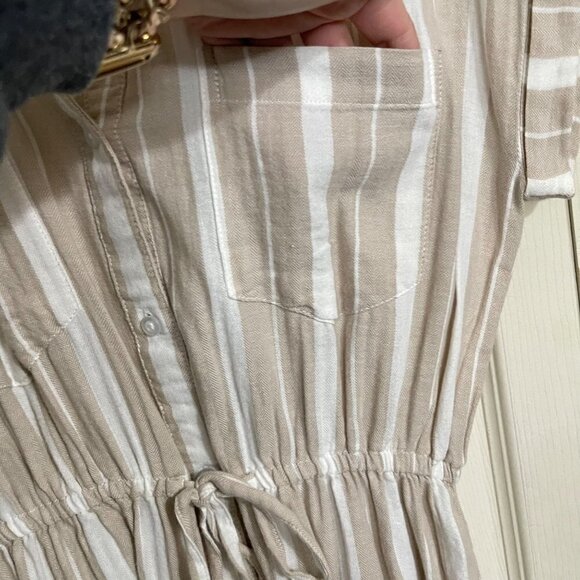 Japna Womens Cream Tan Striped Drawstring Waist Pockets Mini Shirt Dress Small - Picture 5 of 8